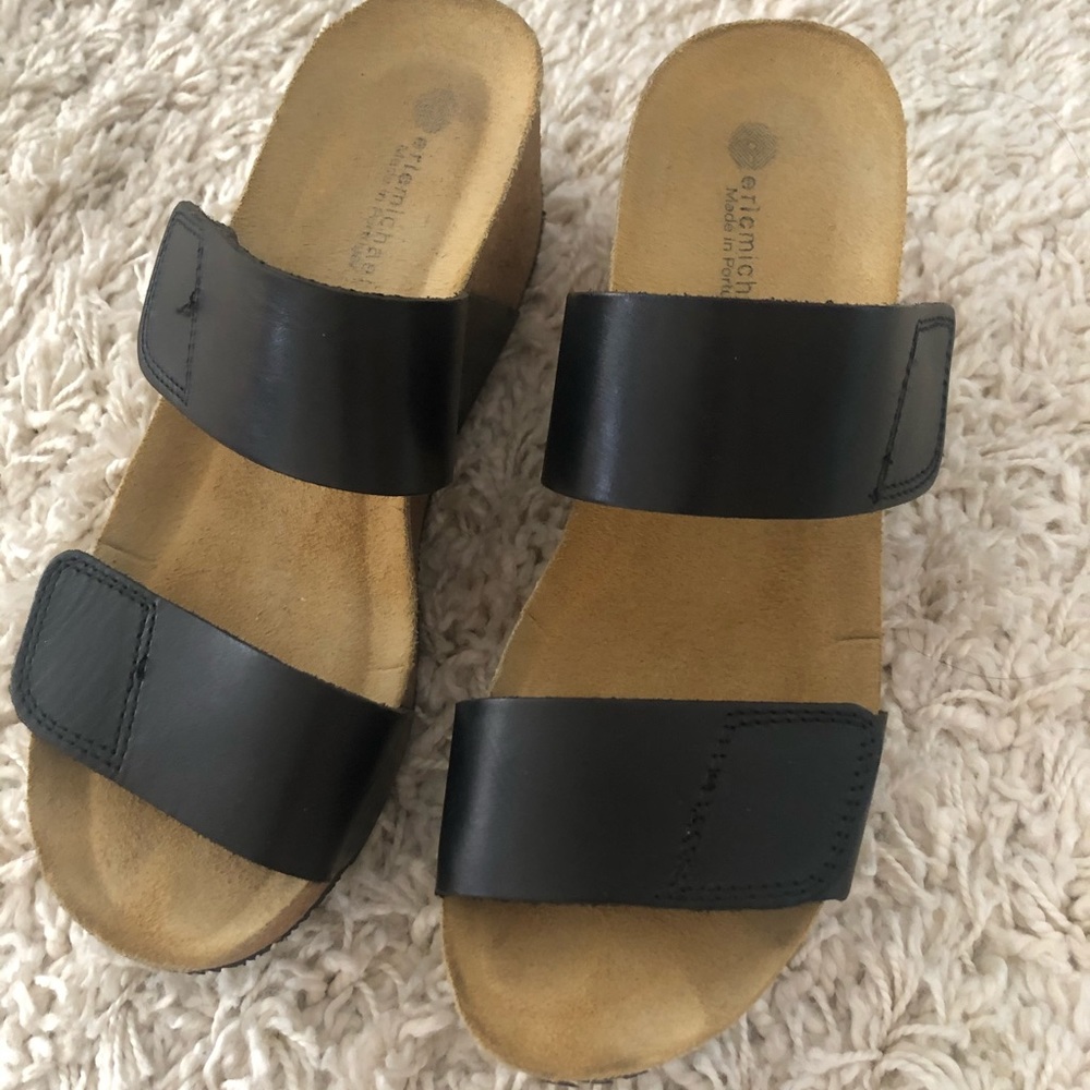 Sandals, black adjustable straps, wedge
